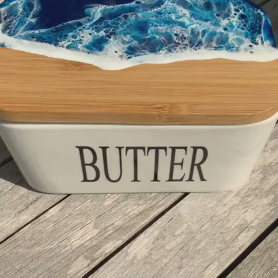 Butterdose mit Ocean Art Deckel aus Resin Bambus Keramik handveredelt maritime Kuechendeko Geschenkidee Unikat Küchenaccessoire