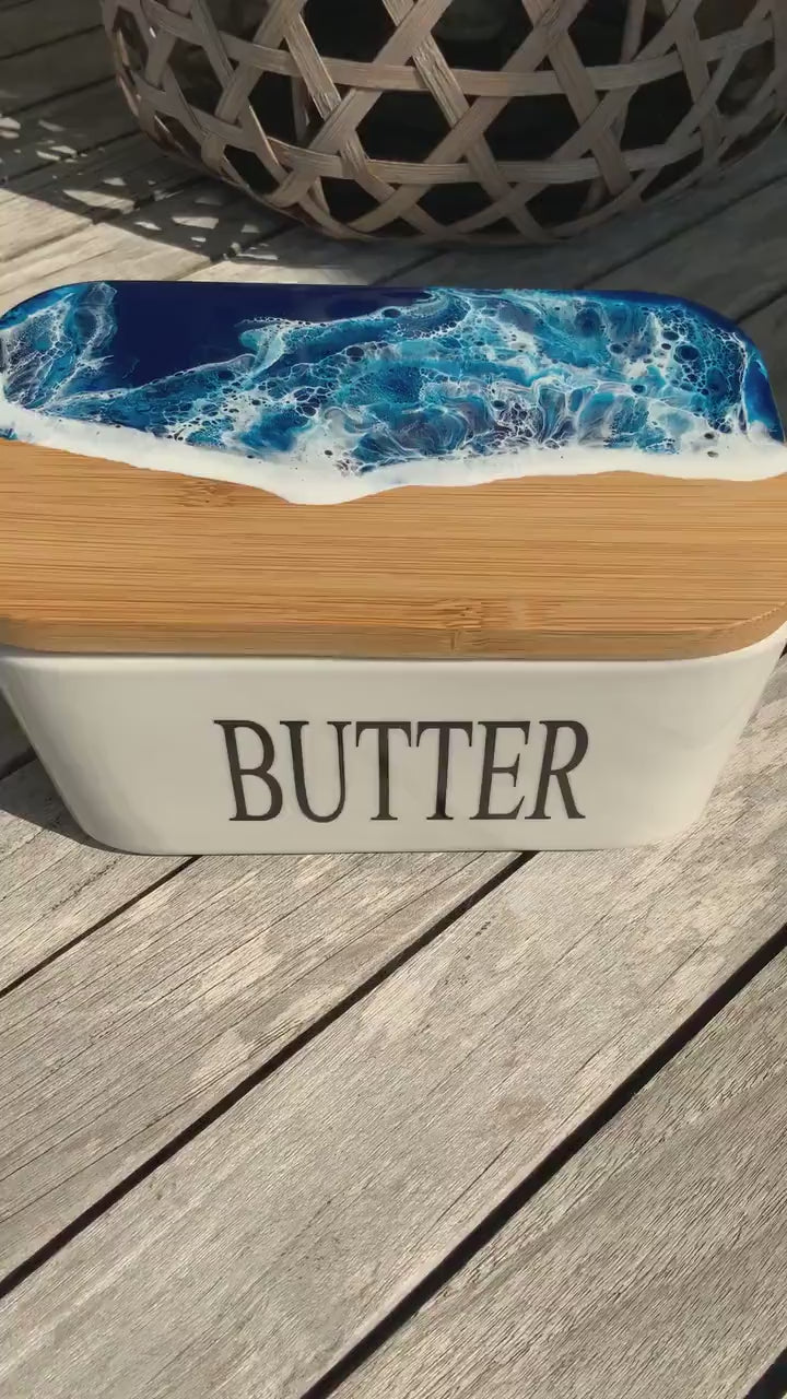 Butterdose mit Ocean Art Deckel aus Resin Bambus Keramik handveredelt maritime Kuechendeko Geschenkidee Unikat Küchenaccessoire