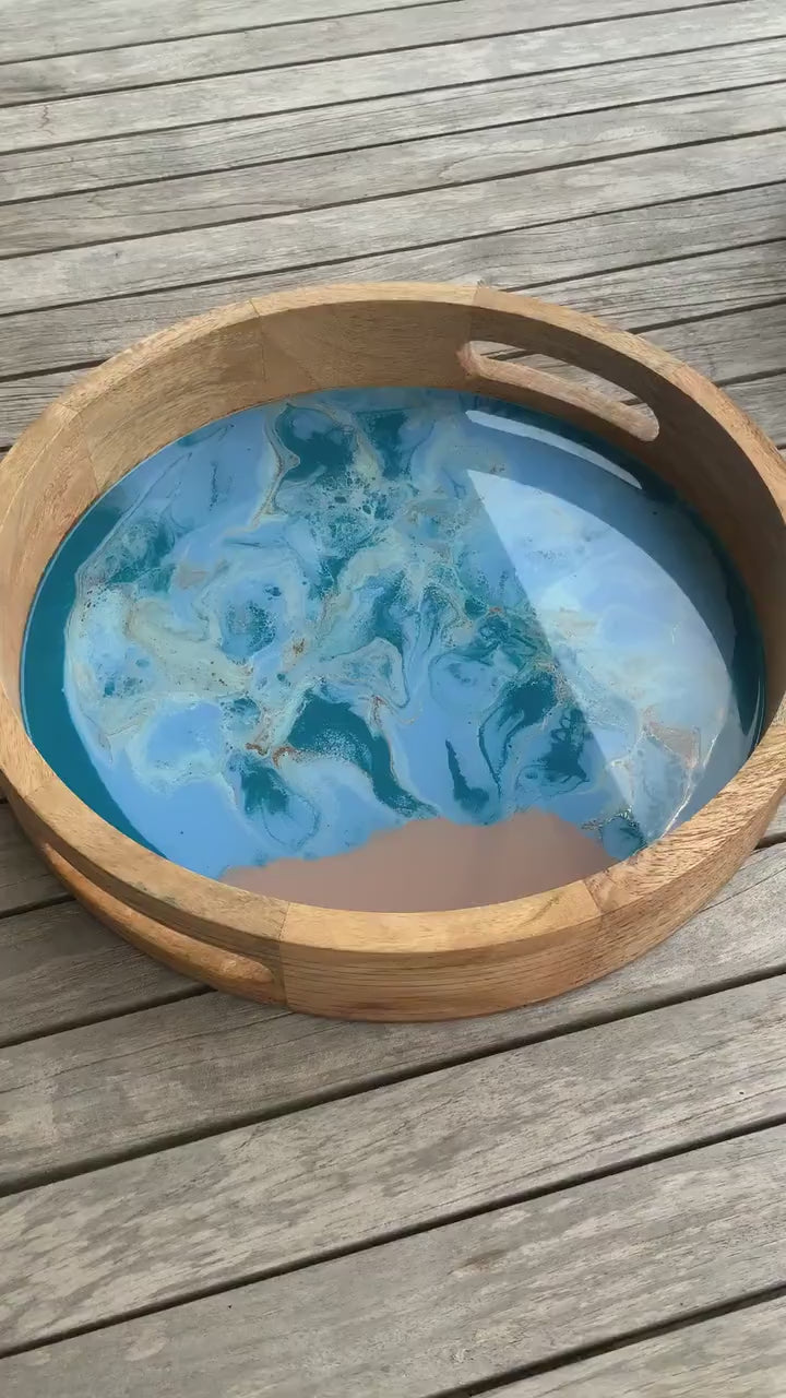 Mango Holz Tablett mit Resin Ocean Art rund  Deko Geschenk maritim